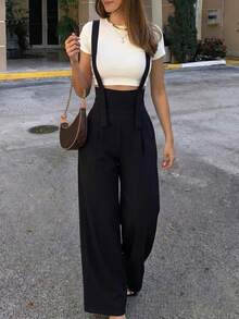 Casual Women's Solid Color Jumpsuit, Sleeveless Square Neck Woven Jumpsuit, Wide Leg Design, With Pockets, - Black - View 3