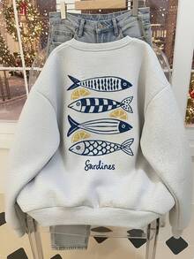 Niche Ocean Style Fish School & Lemon Back Print Sweatshirt, Minimalist Vintage Loose Drop Shoulder Crew Neck Women's Autumn Top - Light Grey - View 2