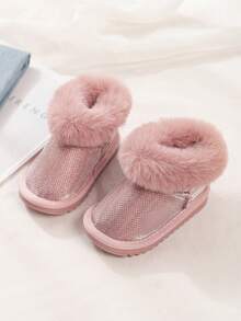 1 Pair Baby Fuzzy Boots With Fleece Lining, Warm And Comfortable Flat Snow Boots, Children's Ankle Boots For Daily Outdoor Wear In Autumn And Winter - Pink - View 4
