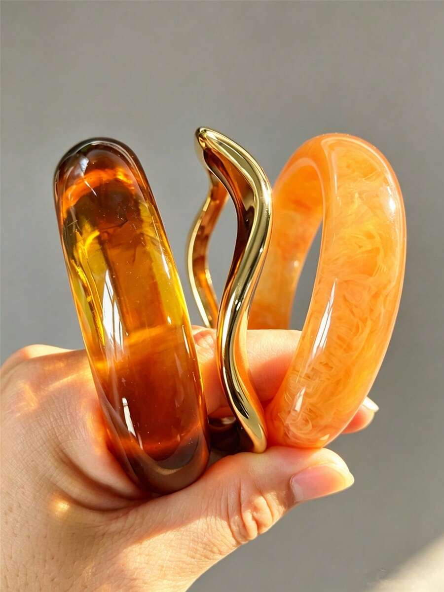 3pcs/Set Vintage Orange, Brown, Gold Layered Bracelet Set, Fashionable Multi-Shape Combination Bracelets, Suitable For Women's Vacation, Dating, Shopping, Party, Daily Wear - Multicolor - View 1