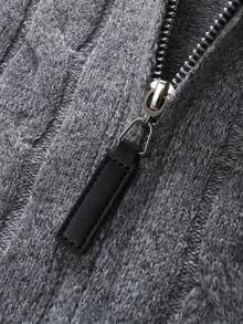 Men's Vintage Cable Knit Zipper Cardigan, Stand Collar Loose Casual Warm Solid Color Sweater Jacket, Autumn/Winter - Light Grey - View 5