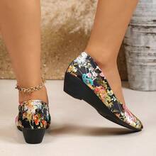 Women's Vintage Chinese Style Floral Print Wedge Heel Slip-On Shoes, Satin Low Heel Commuter Anti-Slip Shoes - Black Floral - View 7