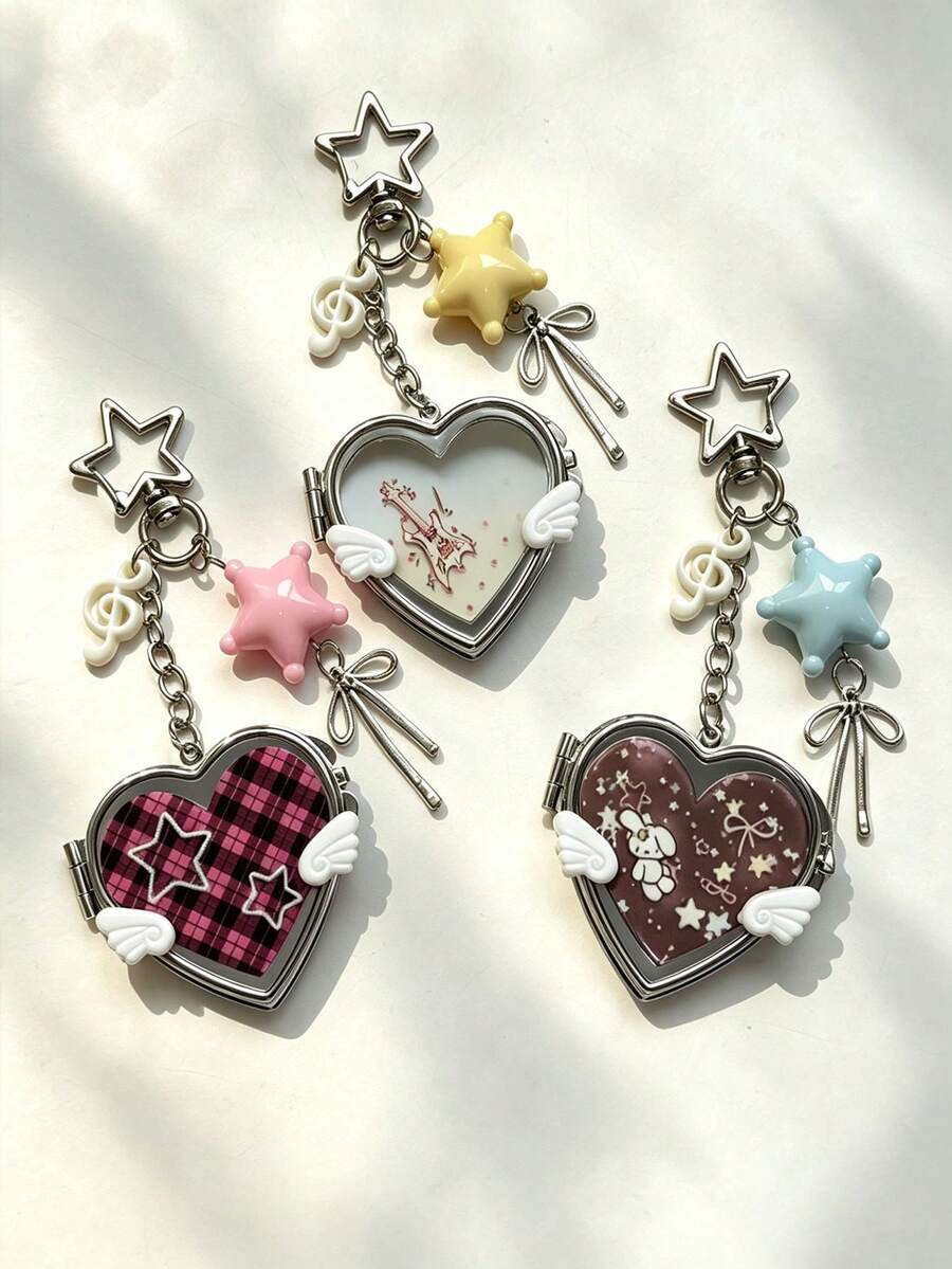 Korean Vintage Love Small Wing Mirror Bag Charm Ins Style Music Note Guitar Pendant Portable Heart-Shaped Y2k Small Mirror Niche Key Chain - Multicolor - View 1
