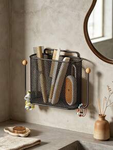 1pc Wall-Mounted Storage Basket, Minimalist Wire Mesh Rectangular Storage Basket With Side Hooks, No-Drill Wall Hanging Shelf, Suitable For Bathroom, Bedroom, Dormitory, Home Daily Storage - Multicolor - View 5