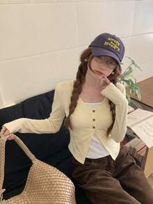 Sweet & Cute 2 In 1 Patchwork Long Sleeve T-Shirt, Women's Autumn Top - Yellow - View 5