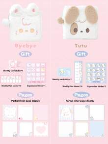 1pc Cute Fluffy Plush Binder Journal Notebook Set With Stickers, Kawaii Cartoon Cat Dog Loose-Leaf Planner Diary Book Gift For Girls - Multicolor - View 5