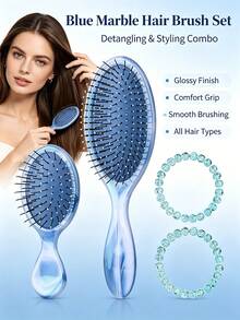 4 PCS Marble Pattern Dual-Use (Dry/Wet) Fluffy Non-Tangling Smooth Hair Comb For Ladies, Massage Comb With Air Cushion, Hairbrush Set, 2 Bracelets - Multicolor - View 4