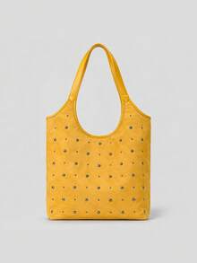 Women Shoulder Tote Bag,Plain Soft Suede Fabric,All‑Over Metal Stud Decoration & Wide Straps,Large Capacity,Retro Style For Work Shopping Daily Outing - Multicolor - View 10