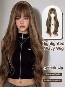 32 Inch High Gloss Platinum Brown Long Wavy Synthetic Wig With Bangs, Heat Resistant Loose Curly Hair For Women, Adjustable Wig Cap, Suitable For Daily Wear, Party, Cosplay - Multicolor - View 1