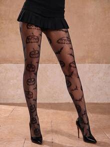 A Pair Of Black Pumpkin-Patterned Tights-Featuring Rich Color, A Smooth Texture, And A Form-Fitting Design. - Black - View 4
