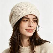 Minimalist Vintage Hollow Cable Knit Beanie, Oversized Fit, Face-Slimming, Ear-Covering Warm Hat For Shopping, Commuting, Travel, Matching With Coats And Sweaters - Multicolor - View 6