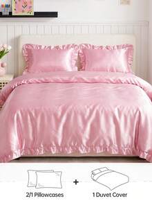 HONEYMOON 2/3pcs Luxury Satin Pink Ruffle Edge Duvet Cover Set, Ruffle Edge Tassel Duvet Cover Set, Solid Color Vintage Luxury Farmhouse Style Bedding Set, 3pcs Bohemian Style Ruffle Edge Tie Duvet Cover Set (Duvet Insert Not Included). Perfect Fit For Twin, Full, Queen, King And Other Bed Sizes. Suitable For Home Bedding, Dorm Supplies And Christmas Decor. Back To School Essential - Pink - View 2
