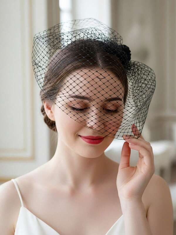 Vintage Black And White Birdcage Veil Headpiece With Satin Rose Decor, Evening Party Fascinator