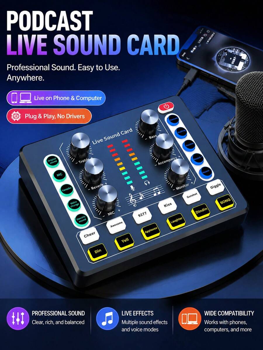 Podcast Live Sound Card, USB External Live Sound Card Audio Mixer, Multiple Sound Effects Voice Changing Mini Sound Mixer Board For Live Streaming Gaming Home KTV Singing Audio Interface Podcast Studio Sound Card - Multicolor - View 1