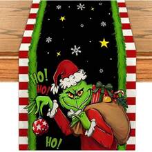 The Grinch 1pc Green Monster Print Linen Table Runner, (71*13inch) Fits Rectangular Dining Table, Suitable For Home Christmas Dinner, Holiday Party, Themed Gathering Decoration, Enhances Dining Table Atmosphere, Reusable And Washable, Christmas Table Decor - Multicolor - View 6