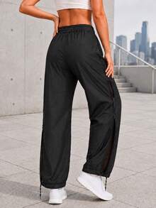 Women's High Waist Drawstring Wide Leg Training Pants With Side Zip Mesh Panels And Adjustable Hems For Gym Workout - Black - View 5