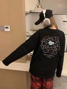 Women's Fashion Autumn/Winter Loose Minimalist Versatile Cute Colorful Cat Print Long Sleeve T-Shirt Casual - Black - View 4