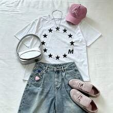 Streetwear Star Circle Graphic T-Shirt, White With Black Stars & M Logo, Crew Neck Short Sleeve Relaxed Fit Breathable Cotton - White - View 4