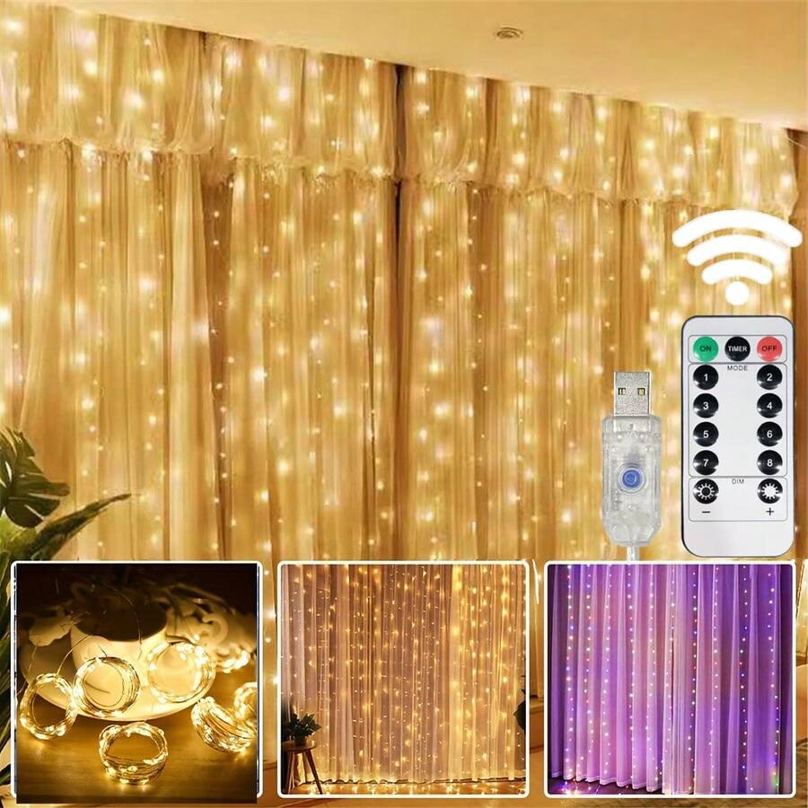 USB Powered LED Curtain Fairy Lights With Remote Control, 8 Flashing Modes, Christmas Decoration Lights For Halloween, Easter, Valentine's Day, Wedding, Holiday Party, Indoor Atmosphere, Garden Lighting Decor String Lights