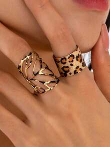 2pcs Fashionable Exquisite Elegant Retro Leopard Print & Leaf Combination Open Ring, Suitable For Women's Daily Wear - Multicolor - View 6