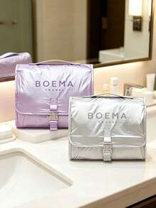 1PC Modern Minimalist Ins‑Style Nylon Rectangular Hanging Cosmetic Bag, Letter Print Buckle Closure, Hand‑Carry Hanging Multi‑Compartment Large‑Capacity Makeup Toiletry Organizer For Daily Home Use, Holidays, All‑Season Outings Perfect Gift Choice - Multicolor - View 6