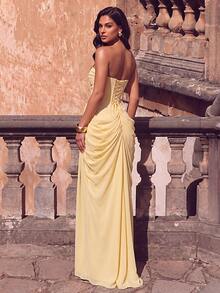 QOQ Women Elegant Romantic Glamorous Chiffon Formal Evening Gowns Backless High Slit Prom Graduation Cocktail Party Gala Dresses - Yellow - View 3