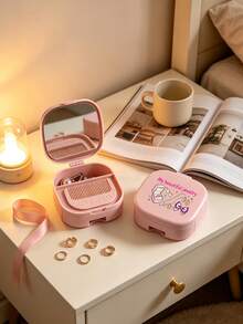 Small Jewelry Organizer With Mirror, Jewelry Storage Box, Drawer Style Beauty Mirror, Printed With Cartoon Jewelry Pattern, Built-In Mirror And Compartments, Vanity Tabletop Storage Box, Organizes Rings, Earrings, Bracelets And Necklaces, Graduation Season, Back To School, Teacher's Day, Valentine's Day, Party Gifts - Multicolor - View 4