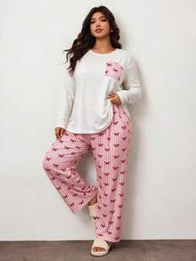 Plus Size Striped Bow Print Pajama Set, Long Sleeve Top With Pockets And Casual Pants Loungewear Set, Suitable For Autumn/Winter - Multicolor - View 4