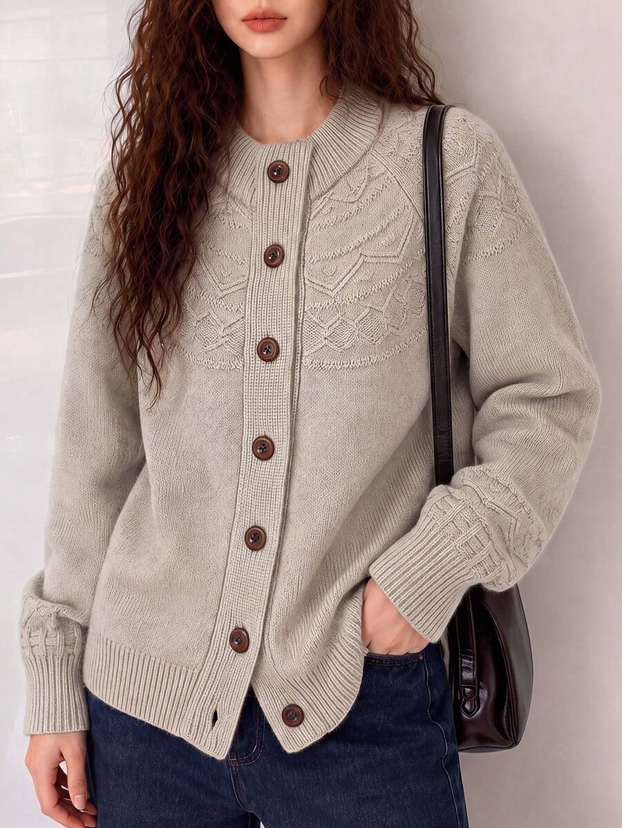 Women's Autumn/Winter Casual Minimalist Vintage Style Wide Collar Design Knit Cardigan Jacket - Milk Coffee - View 1