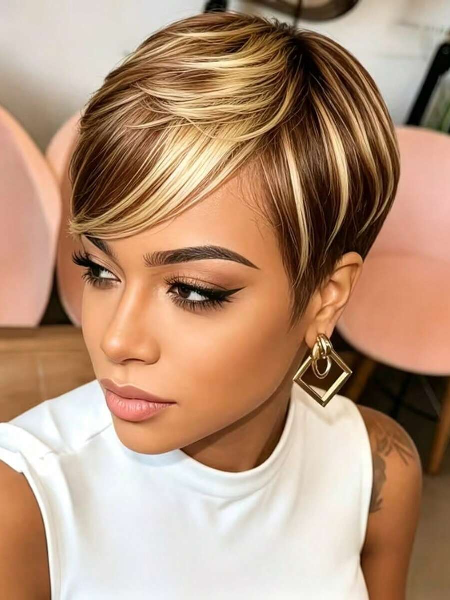 Wig Rambut Manusia Berwarna 4/27 Potongan Pixie Pendek untuk Wanita Tanpa Renda Tanpa Lem, Penutup Jaring Mawar Lembut untuk Penggunaan Sehari-hari, Wig Pendek Modis Tampilan Baru 4/27 Wig Rambut Manusia Asli Berkilau, Wig Pixie Pendek Berlapis Buatan Mesin Penuh dengan Poni, Mudah Dipakai