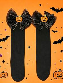 1 Pair Baby Girl Pumpkin Bow Decor Halloween Style Knee-High Leg Warmers, Fun Dark Cute Monster Style, Big Eye Monster Bright Color Girls Leg Warmers, Suitable For 2-8 Years Old Girls Holiday Wear - Black - View 3