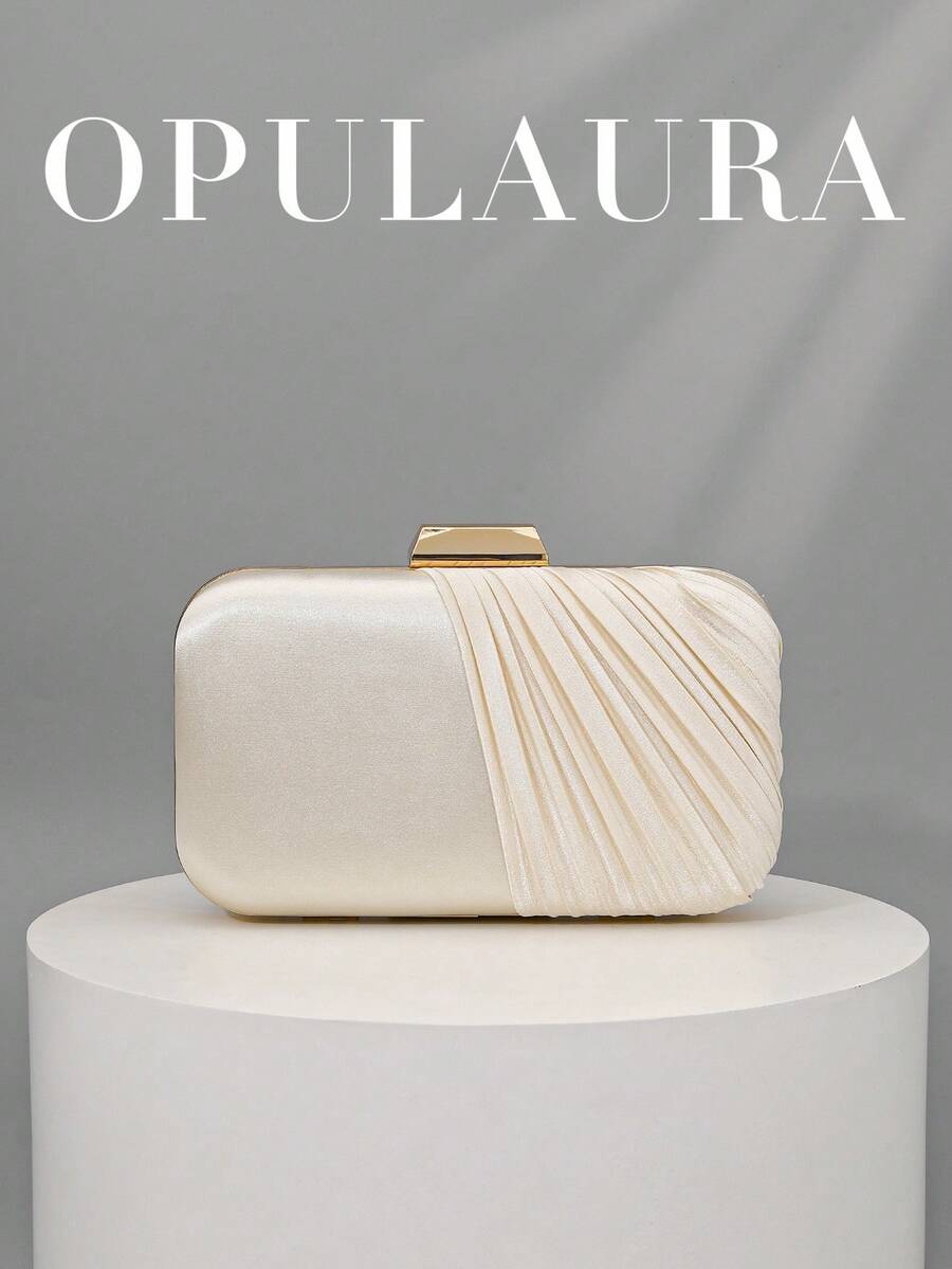 OpulAura 1 件复古优雅缎面褶皱正式派对手拿包,迷人精致的正式活动手提包,奢华盒式小钱包适合派对/婚礼/正式场合,配有可拆卸链条,可肩背或斜挎 - 杏色 - 查看 1