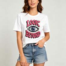 Playful Surreal Graphic Ladies Short‑Sleeve Tee, Safety‑Pin Decorated Eye Motif, Bright Bold Typography, Great For Casual Urban Day Looks - White - View 2