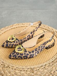 Leopard Print Women's New Mid-Heel Pointed Toe French Style Elegant Sandals With Heart Decoration And Single Strap, Comfortable And Non-Tiring Shoes For Skirts - Leopard - View 2