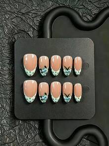 10pcs Handmade Press-On Nails, Short Almond Shape, Funny & Quirky Style, Nude Pink Base With Green Polka Dot French Tips, Green Twigs And Blueberry Decor, Playful & Cute Vibe, Suitable For Dates, Aesthetic Outfits, Street Wear, Includes Full Set Of Manicure Tools, Exclusive Gift For Girls - Green - View 10