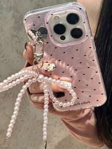 Korean Laser Heart Bow Pendant Pink Glitter Water Ripple Phone Case, Compatible With 17/16 Pro Max/15 Pro/14/13, Summer Anti-Fall Protective Cover, Sweet Girly Style - Pink - View 1