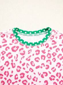 Acelitt Crew Neck Pink Leopard Print Polka Dot Contrast Trim Drop Shoulder Loose Fit Sweatshirt - Pink - View 5