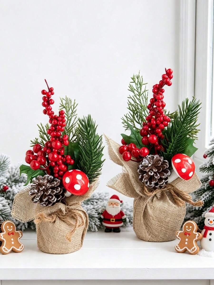 1PC Artificial Mini Christmas Tree With Red Berries, Mushrooms, And Pine Cones, Suitable For Christmas Decorations, Table Decorations, Home Decor, Birthday Gifts - Red - View 1