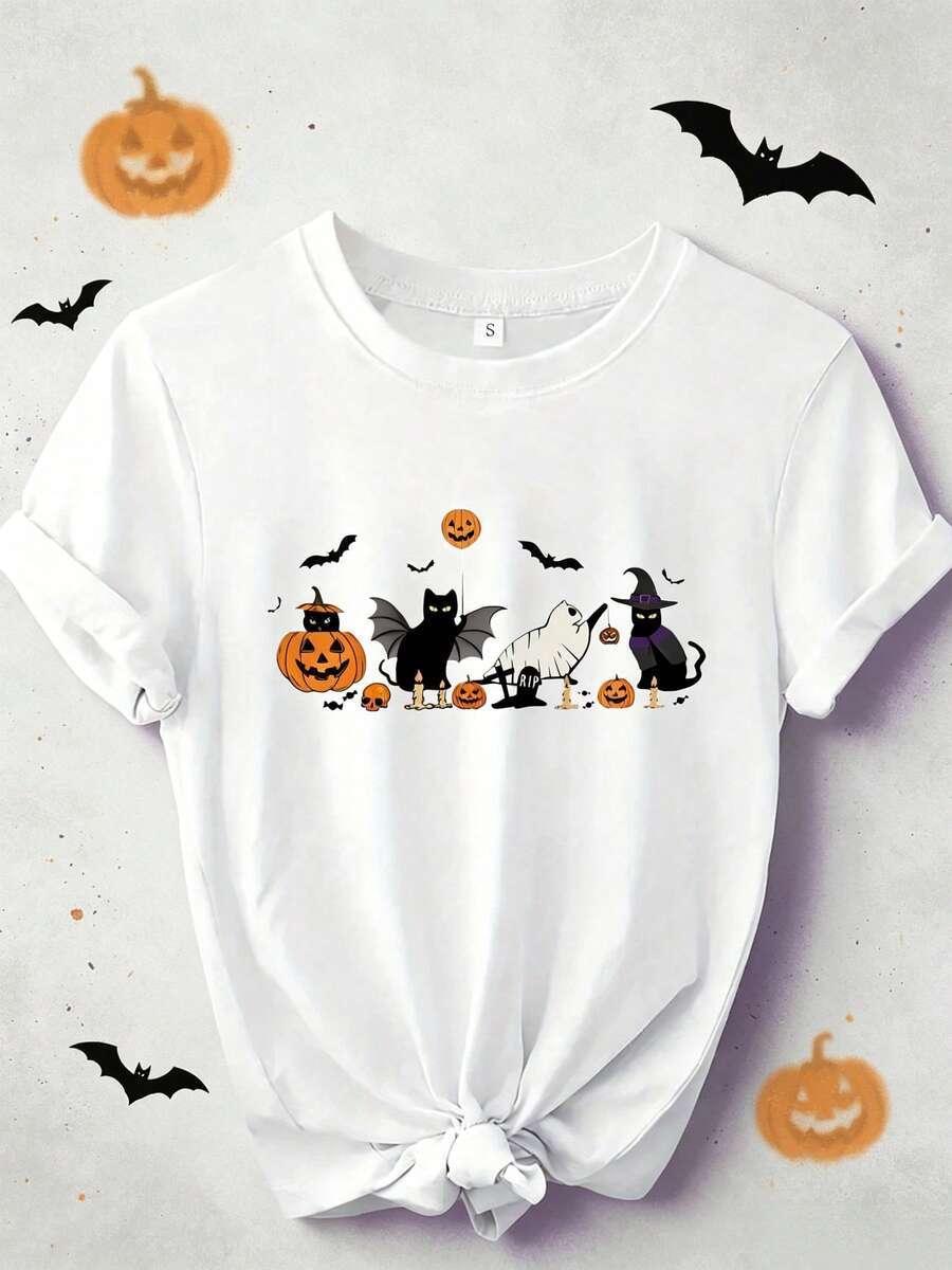 Halloween T-Shirt Featuring A Design Of Black And White Cats - A Playful Graphic Tee Perfect For Trick-Or-Treating Dujas Women Halloween Costume Damen - White - View 1