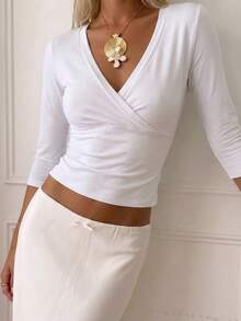 PoPoHouse Women's Autumn Solid Color Y2K Sexy V-Neck T-Shirt, Slim Fit Elbow Sleeve Casual Commute Basic Layering Top - White - View 3