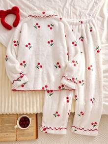 Cute Autumn/Winter Girls Cherry Print White Long Sleeve Open Front Pajama Set, Warm Comfortable Soft, Girls Home Casual - White - View 4
