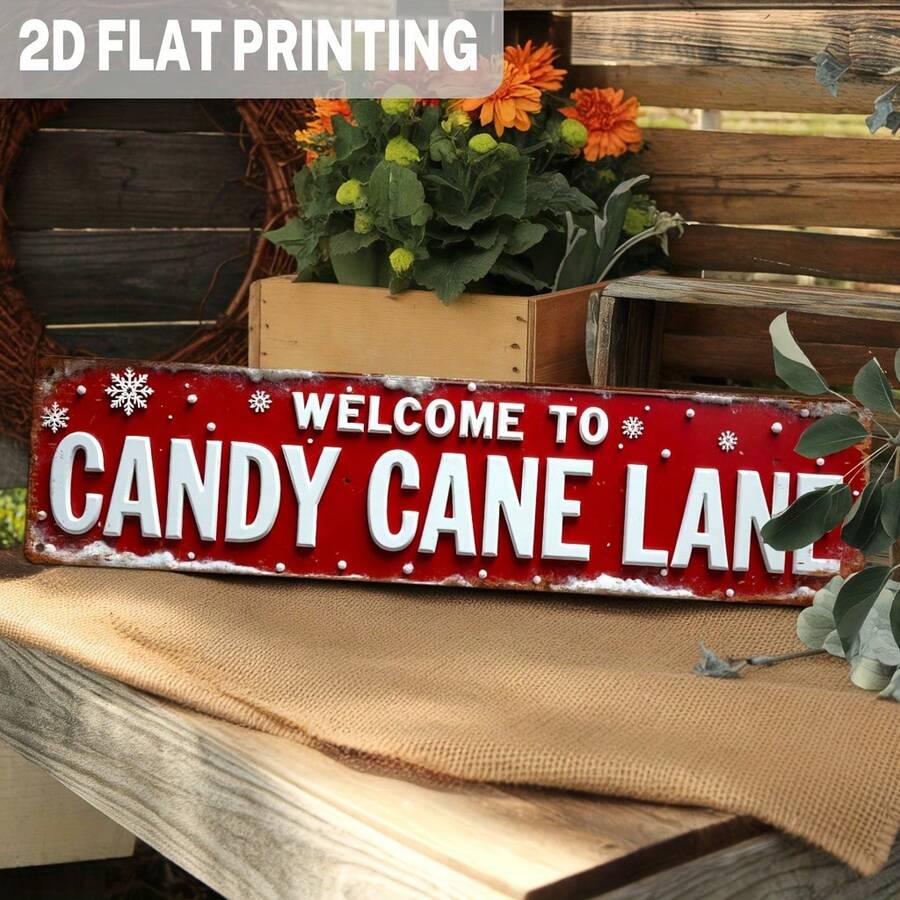2D Flat, 1pc, Rustic Style "Welcome To Candy Cane Lane" Metal Sign, Christmas Theme Wall Decor, Suitable For Christmas Decoration, Home, Entryway, Porch, Decorative Sign (Random Style) - A - View 1