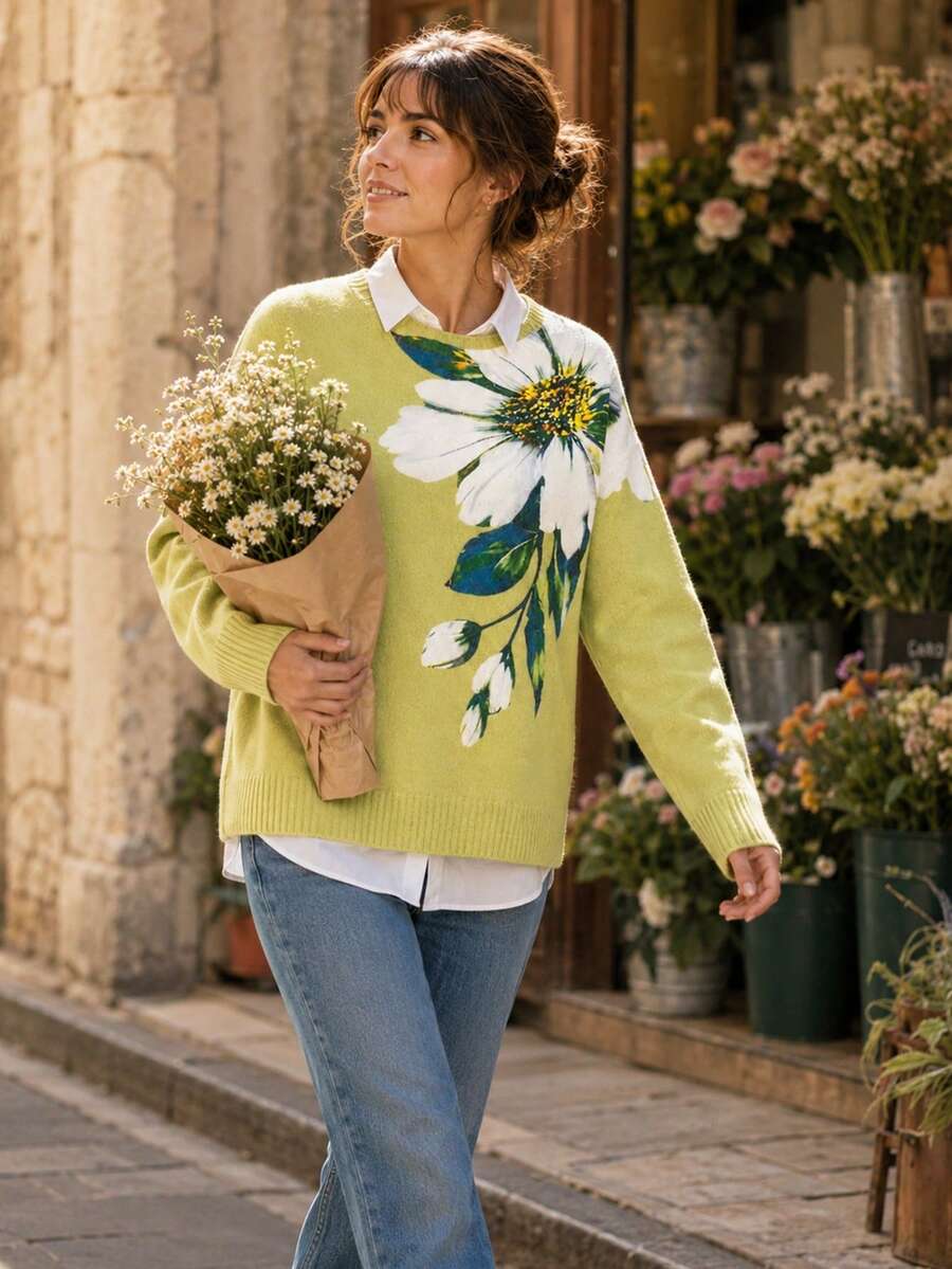 Women's Lightweight Floral Print Sweater - Multicolor Flower Pattern, Casual Crew Neck Long Sleeve Top Fall Vacation - Green - View 1