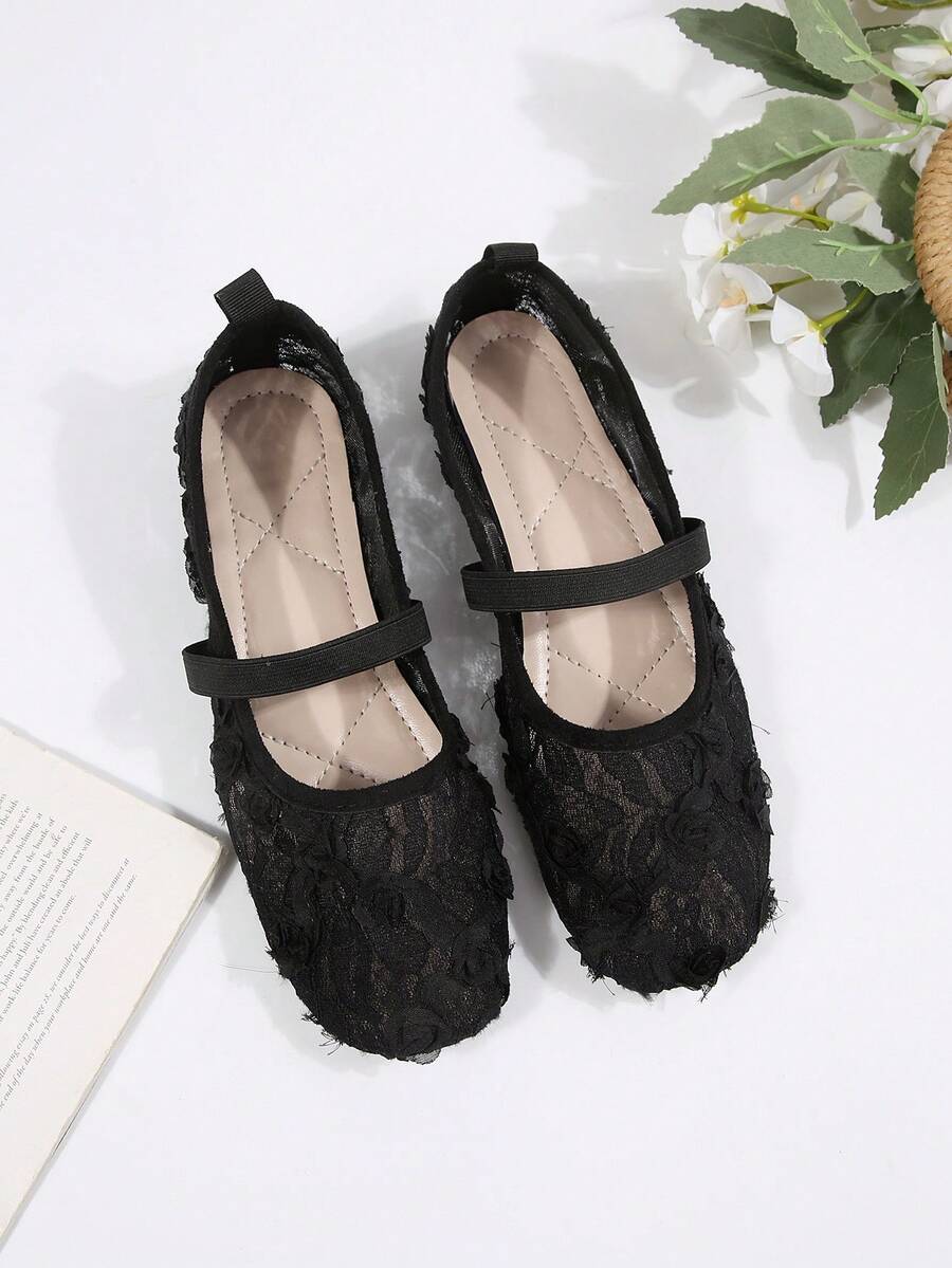 Women's 3D Floral Lace Mesh Square Toe Elastic Strap Breathable Soft Sole Shoes - Black - View 1