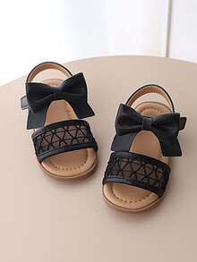 1 Pair Girls' Summer Hollow Bow Knot Sandals, Hook-And-Loop Buckle, Soft Sole, Anti-Slip, Princess Style, Open Toe, Beach Shoes - Black - View 3