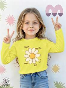 تي شيرت قطني بأكمام طويلة راجلان للبنات لفصل الخريف والشتاء، بطبعة زهرة البابونج وعبارة "Bloom Gently Bloom Bud"، بياقة دائرية، بأسلوب لطيف وحلو وأنيق - أصفر فاقع - مشاهدة 2