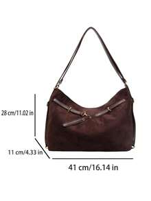 1pc Suede Fabric Shoulder Bag With Adjustable Strap, Suitable For Commuting, Shopping And More - Coffee - View 3