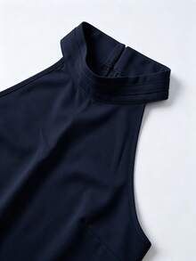 Women's Black Halter Neck Tank Top & Shorts Set, Elegant Sleeveless Summer 2-Piece Outfit, Sophisticated Casual Matching Apparel - Navy Blue - View 4