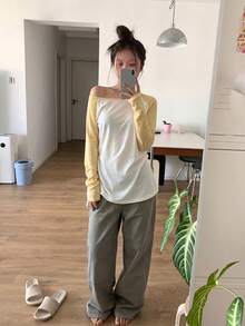 拼接撞色落肩袖透視修身長袖上衣休閒風 - 乳黃色 - 查看 4
