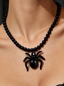 1pc Women's Vintage Gothic Dark Style Black Beaded Chain Spider Inlaid Faux Ruby Pendant Necklace, Retro Personalized Accessory, Suitable For Halloween Party, Theme Ball, Nightclub Gathering And Daily Dark Style Outfit Wear Necklace - Black - View 2